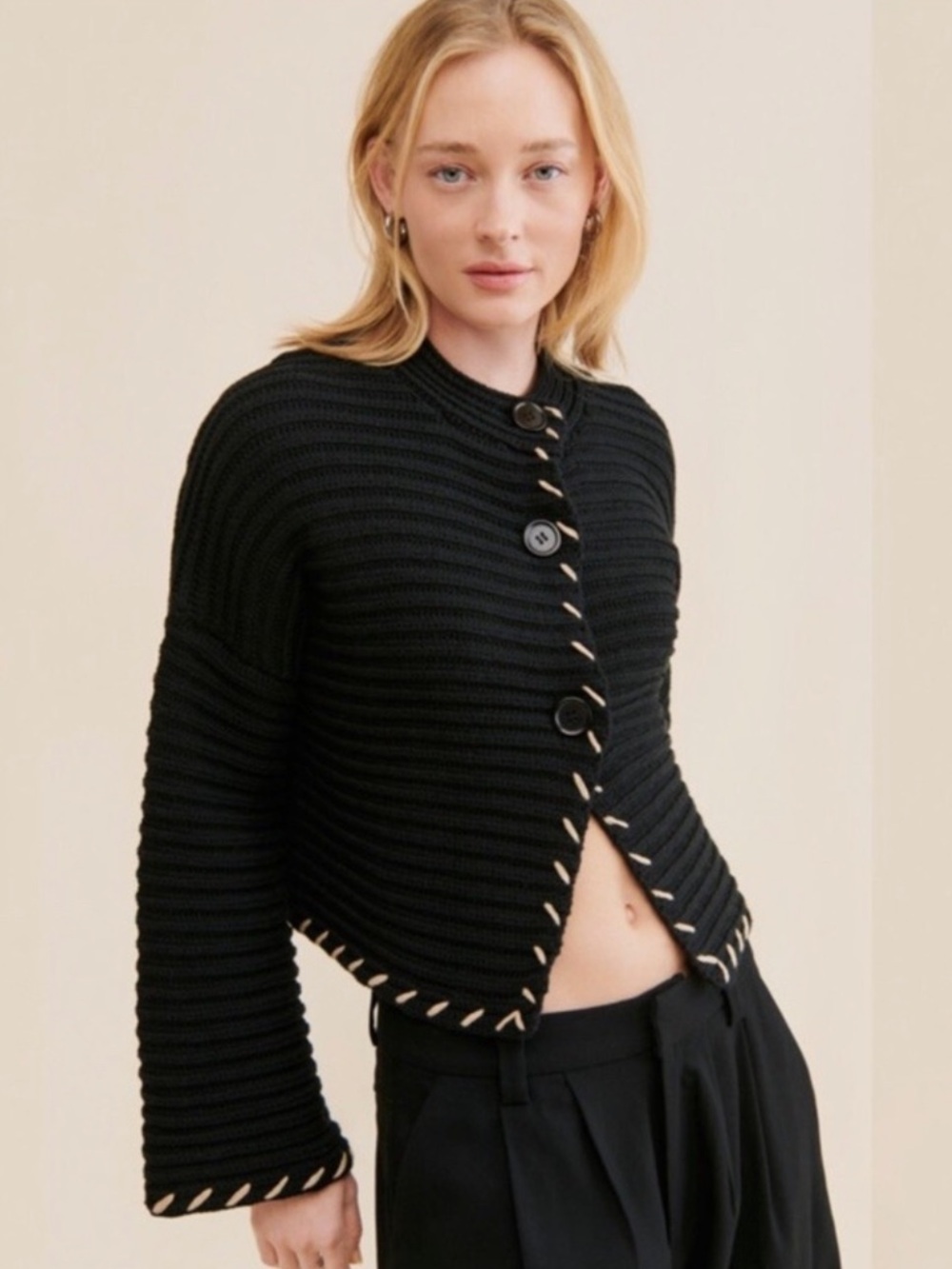 Saemdi x Free People Black Chunky Knit Button Front Bell Sleeve Cardigan 2X